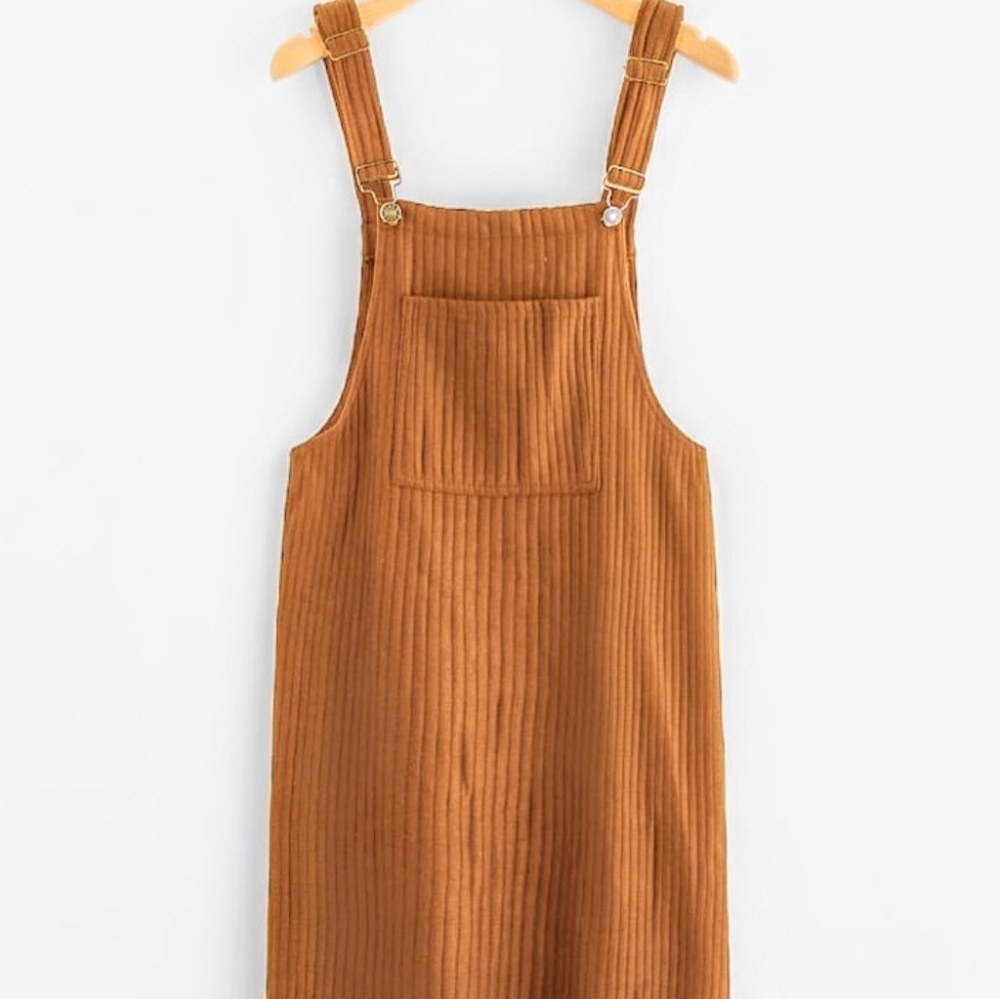 Brown Ribbed Overall Pocket Dress